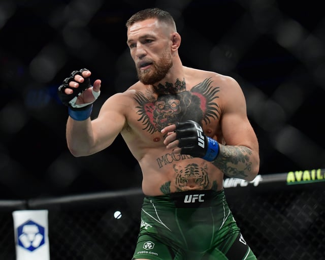 Conor McGregor fights Dustin Poirier during UFC 264 at T-Mobile Arena.