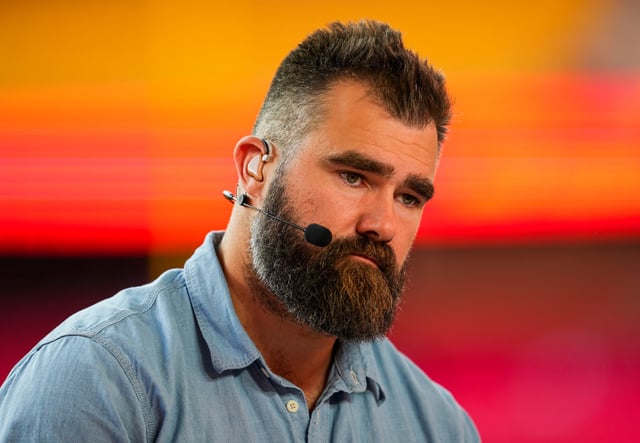 Former NFL player Jason Kelce prior to a game between the New Orleans Saints and the Kansas City Chiefs at GEHA Field at Arrowhead Stadium.