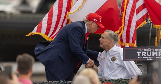 Then-former President Donald Trump greets and shakes hands with Gov. Greg Abbott at the South Texas International Airport in Edinburg, on Nov. 19, 2023, after the governor announced his endorsement of President Trump. “We need Donald J. Trump back as our president of the United States of America,” the governor proclaimed.
