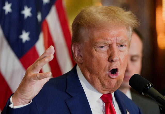 FILE PHOTO: Republican presidential nominee and former U.S. President Donald Trump gestures as he speaks during a press conference at Trump Tower in New York City on Sept. 6, 2024.