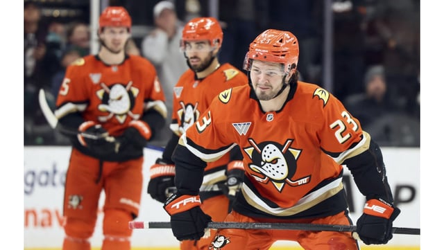 Ducks center Mason McTavish reacts after he scored a goal during the third period of their victory over the Pittsburgh Penguins on Thursday night at Honda Center. McTavish scored twice in the 5-1 win. (AP Photo/Etienne Laurent)