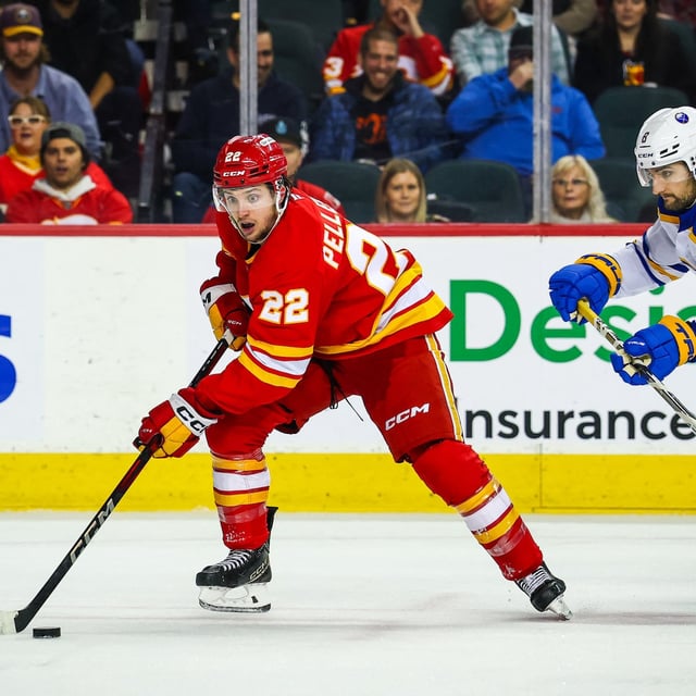Jan 23, 2025; Calgary, Alberta, CAN; Calgary Flames left wing Jakob Pelletier (22) controls the puck against Buffalo Sabres defenseman Dennis Gilbert (8) during the second period at Scotiabank Saddledome. Mandatory Credit: Sergei Belski-Imagn Images