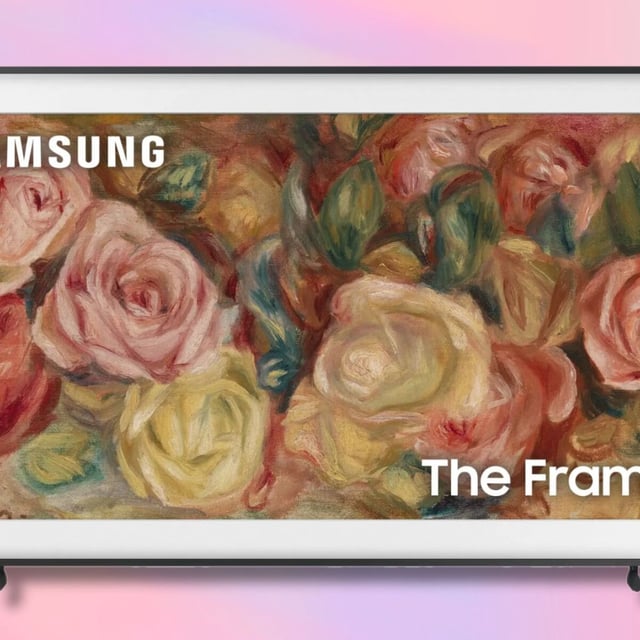 samsung the frame tv on a pink, purple, and yellow striped background