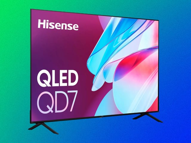 Hisense 65-inch QD7 QLED 4K UHD Smart TV on a green to blue gradient background