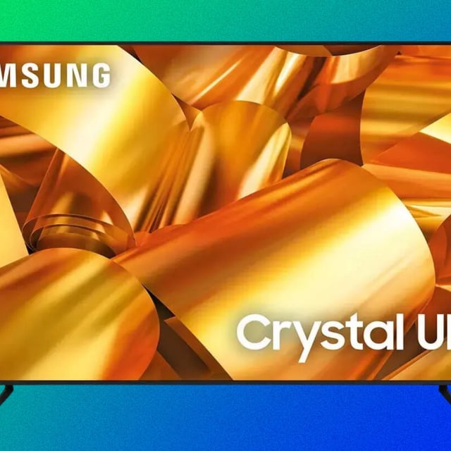 Samsung 75-inch DU6950 4K Smart TV on a green to blue gradient background