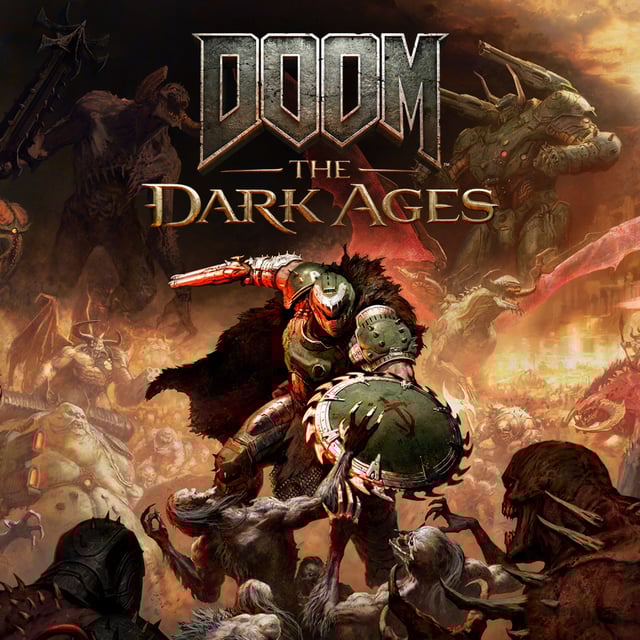 Key art for Doom: The Dark Ages shows the Doom Slayer standing atop many demons in hell.