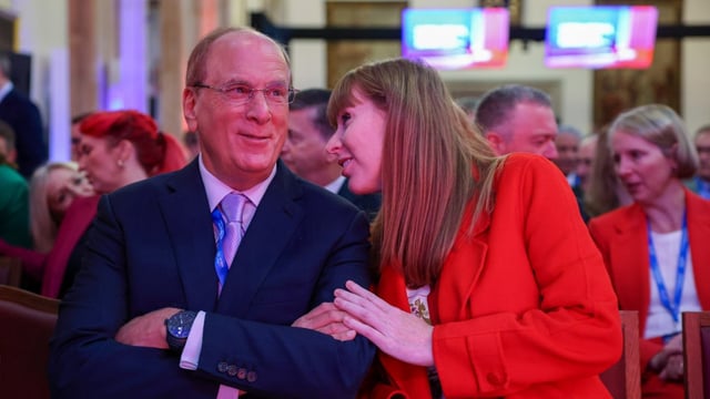 Larry Fink, BlackRock’s chief executive, with Angela Rayner, the deputy prime minister, last October. Fink believes Europe is near a turning point