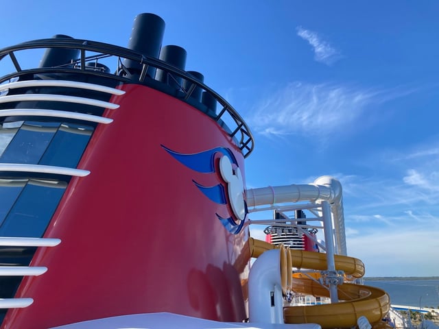 The signature Disney Cruise Line funnel is pictured from the line&#39;s new ship Disney Treasure while docked in Port Canaveral on Monday, Dec. 9, 2024. (Richard Tribou/Orlando Sentinel)