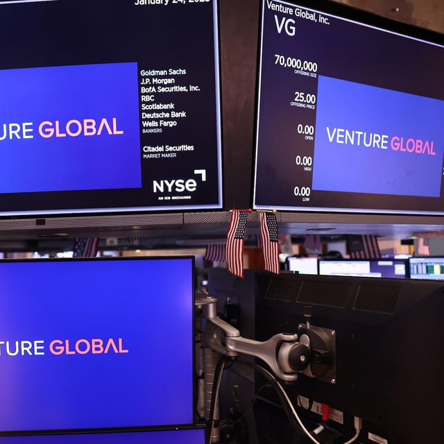 NEW YORK, NEW YORK - JANUARY 24: The Venture Global LNG company logo is displayed at the New York Stock Exchange during morning trading on January 24, 2025 in New York City. Stocks opened mixed a day after the S&P hit a new record high following President Donald Trump’s call to lower interest rates and crude prices. (Photo by Michael M. Santiago/Getty Images)