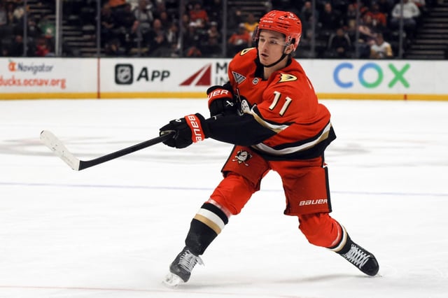 The Ducks’ Trevor Zegras attempts to score during the third period against the Pittsburgh Penguins on Thursday, Jan. 23, 2025, at Honda Center. (AP Photo/Etienne Laurent)