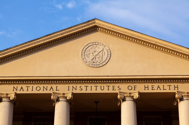 Bethesda, MD, USA 11/21/2020: Exterior view of the main historic building (Building 1) of National Institutes of Health (NIH) inside Bethesda campus. NIH funds majority of biomedical research in USA