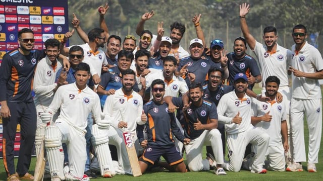 Jammu and Kashmir’s players celebrate after beating Mumbai, in Mumbai on Saturday. (PTI)