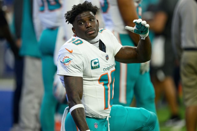 Miami Dolphins wide receiver Tyreek Hill is pictured during the team&#39;s October 2024 game against the Indianapolis Colts. (AP Photo/Zach Bolinger)