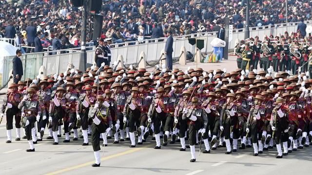 Republic Day Parade displays India's cultural legacy and military prowess via the tableaux and coordinated marches by contingents. In pic: Assam Rifles Contingent during the full dress rehearsal for the Republic Day Parade 2025 at the Kartavya Path in New Delhi, India.
