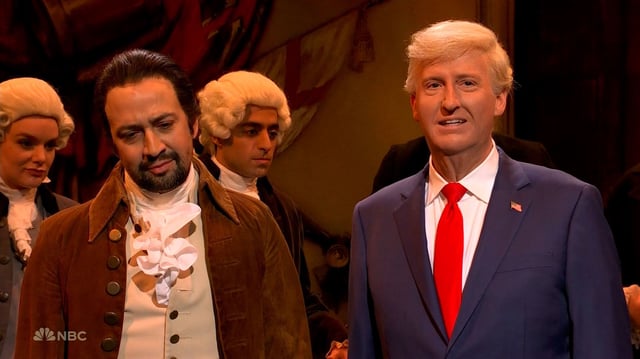 Lin-Manuel Miranda appears as Alexander Hamilton and James Austin Johnson appears as Donald Trump in the cold open of Saturday Night Live on January 25, 2025. 
