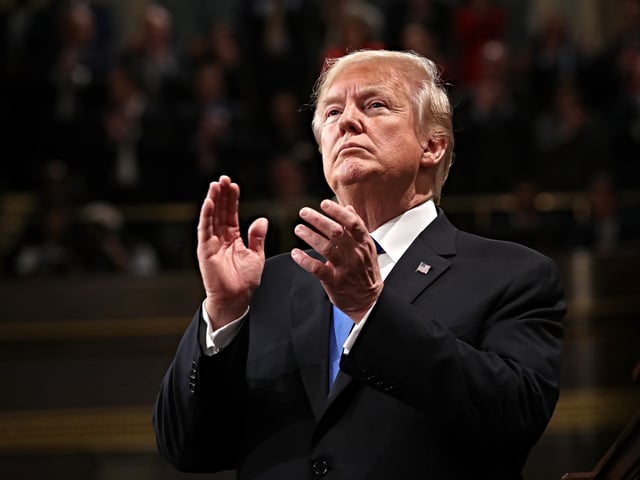 during the State of the Union address in the chamber of the U.S. House of Representatives January 30, 2018 in Washington, DC. This is the first State of the Union address given by U.S. President Donald Trump and his second joint-session address to Congress.