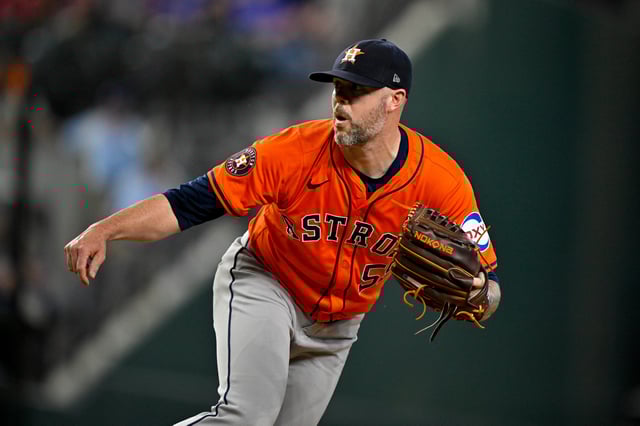 Houston Astros relief pitcher Ryan Pressly in action during a game against the Texas Rangers at Globe Life Field in Arlington, Texas, on Aug 7, 2024.
