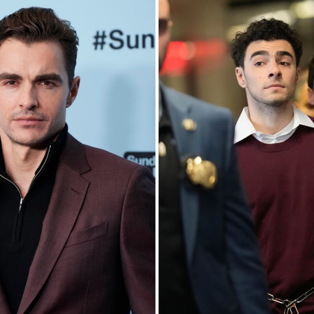 Left: Dave Franco at the premiere of "Together,"  Sundance Film Festival on Sunday, Jan. 26, 2025, at the Eccles Theatre in Park City, Utah. Right: Luigi Mangione being escorted into Manhattan Criminal court for his arraignment on state murder and terror charges, Monday, Dec. 23, 2024, in New York.