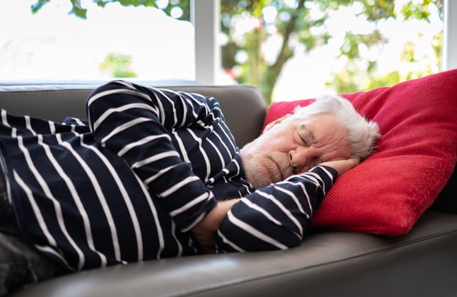 An old man sleeping on a couch