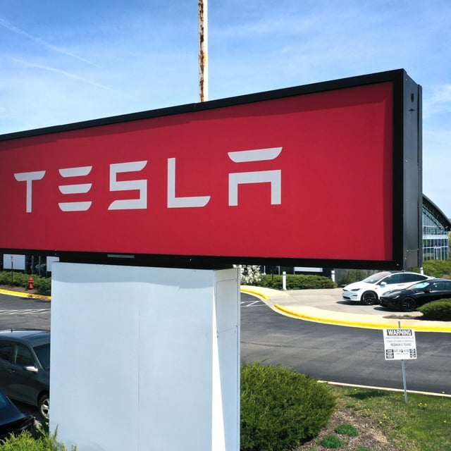 A sign marks the location of a Tesla dealership