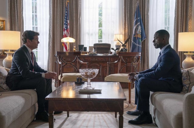 This image released by Disney shows James Marsden, left, and Sterling K. Brown in a scene from “Paradise