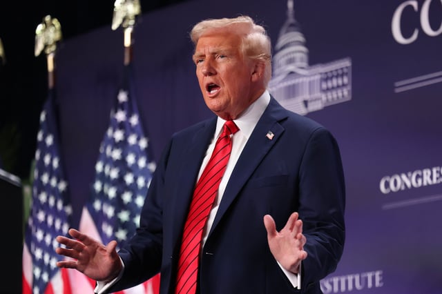 President Donald Trump addresses the 2025 Republican Issues Conference at the Trump National Doral Miami, in Doral, Fla., on Jan. 27, 2025.