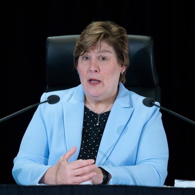 Commissioner Justice Marie-Josee Hogue speaks about the interim report following its release at the Public Inquiry Into Foreign Interference in Federal Electoral Processes and Democratic Institutions, in Ottawa, Friday, May 3, 2024. THE CANADIAN PRESS/Adrian Wyld