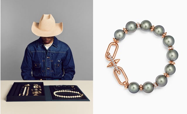 Pharrell Williams in cowboy hat looks at pearl and gold Tiffany & Co jewellery and 