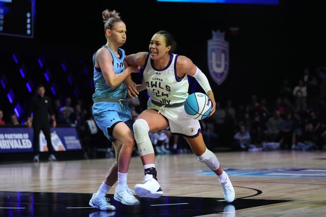 Unrivaled co-founder Napheesa Collier drives toward the basket while defended by Courtney Vandersloot.
