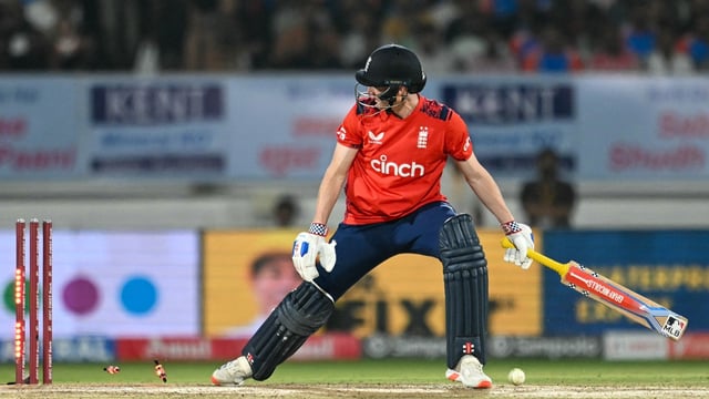England's Harry Brook is clean bowled during the third Twenty20 international cricket match.
