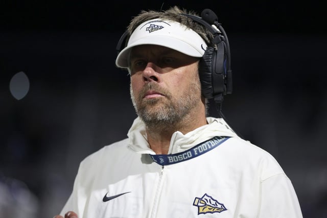 St. John Bosco head coach Jason Negro looks on against Santa Margarita during the second half of a CIF-SS Division 1 quarter-final playoff football game at St. John Bosco High School in Bellflower, Calif. on Friday, Nov. 15, 2024. St. John Bosco won 31-29.  (Photo by Raul Romero Jr., Contributing Photographer)