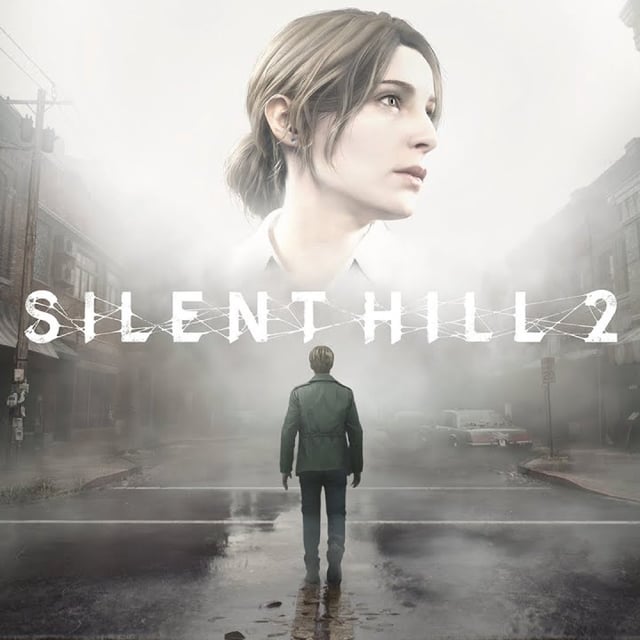 Silent Hill 2 remake key art shows James walking in a foggy street with Mary's face above the logo.