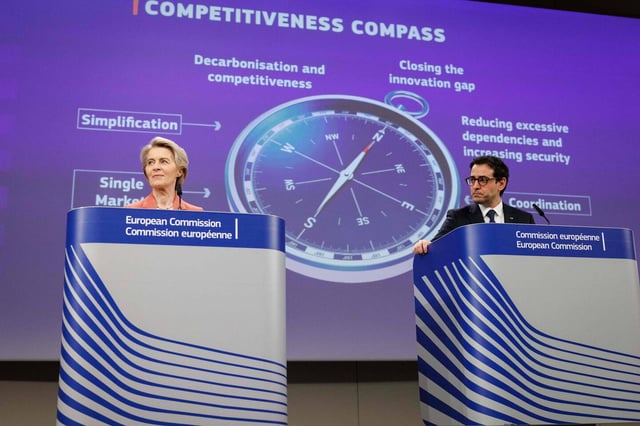 La présidente de la Commission européenne, Ursula von der Leyen, et le vice-président exécutif pour la Prospérité et la Stratégie industrielle, Stephane Séjourné à Bruxelles, le 29 janvier 2025.
