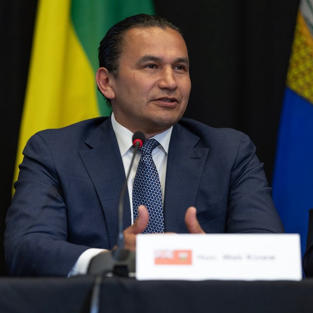 Manitoba Premier Wab Kinew speaks during the media availability at the 2024 Western Premiers’ Conference in Whitehorse, Monday, June 10, 2024. The Manitoba government has ordered a regional health authority to cut the amount of money its spends on private-agency nurses by 15 per cent by March of next year. CANADIAN PRESS/Crystal Schick
