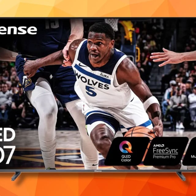 hisense qd7 qled 4k tv on an orange and yellow geometric background
