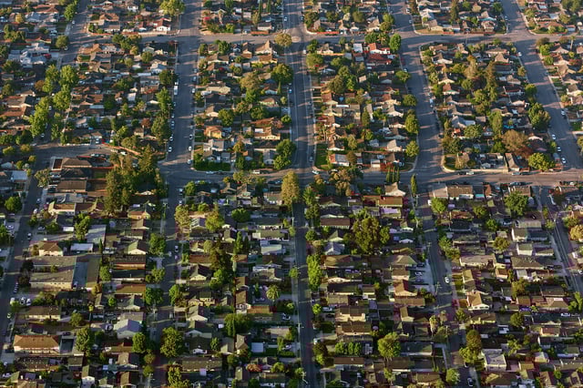 An aerial view of a suburban neighborhood near San Jose, California.