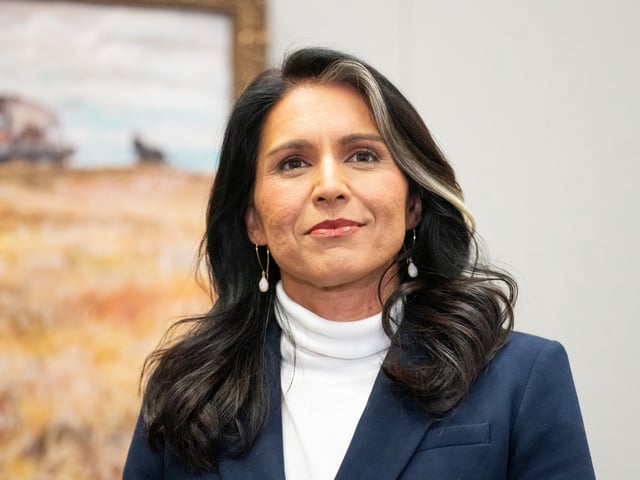 UNITED STATES - DECEMBER 9: Former Rep. Tulsi Gabbard, President-elect Trump's nominee to be Director of National Intelligence, meets with Sen. Mike Rounds, R-S. Dak., in the Hart Senate Office Building on Monday, December 9, 2024. (Bill Clark/CQ-Roll Call, Inc via Getty Images)
