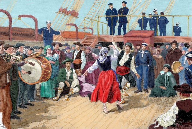 Spanish emigrants on board a ship heading toward Argentina are depicted in this engraving.