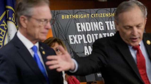 Rep. Brian Babin, left, is joined by Rep. Andy Biggs, right, as they respond to questions regarding the Birthright Citizenship Act at the Capitol on January 23.