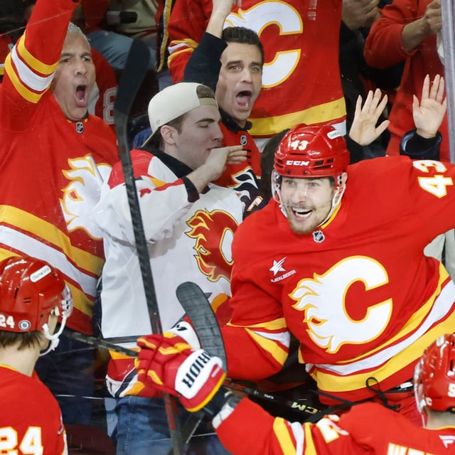 Calgary Flames' Adam Klapka, centre, celebrates his goal against the Anaheim Ducks during second period NHL hockey action in Calgary, Thursday, Jan. 30, 2025. THE CANADIAN PRESS/Larry MacDougal