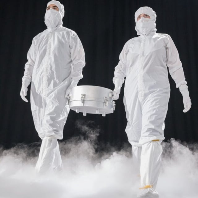 Technicians carrying the precious sample of asteroid Bennu. The sample was headed for a newly constructed clean room at Johnson Space Center in Houston. Image via NASA.
