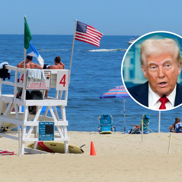 A boat passes by July 2, 2024, off Sea Girt, N.J., where a power cable from the Atlantic Shores offshore wind farm project is projected to come ashore. Inset: President Donald Trump speaks in the James Brady Press Briefing Room at the White House, Thursday, Jan. 30, 2025, in Washington.