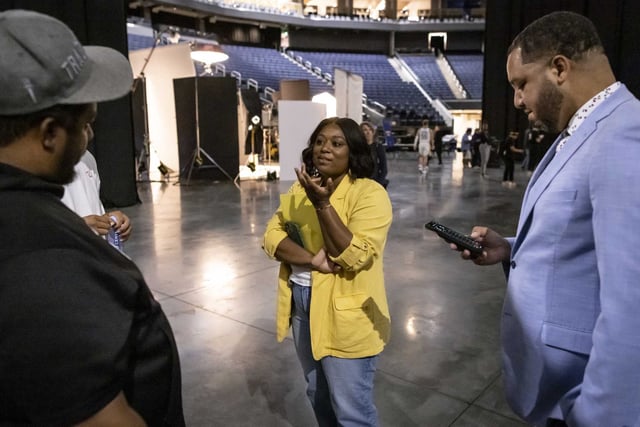 Tiffany Williams, Stephen Curry’s personal assistant chats with Marcus Thompson of The Athletic, left, and Bonta Hill of NBC Sports Bay Area, during Warriors media day at Chase Center in San Francisco on Sept. 25, 2022. Hill is stepping down from his role as co-host of The Morning Roast on 95.7 The Game to take on an expanded, full-time role with NBC Sports Bay Area. 