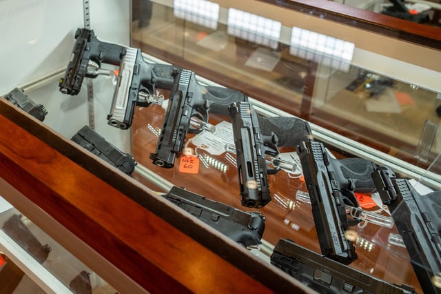Smith & Wesson handguns are seen for sale in a gun store on September 09, 2022 in Houston, Texas. 