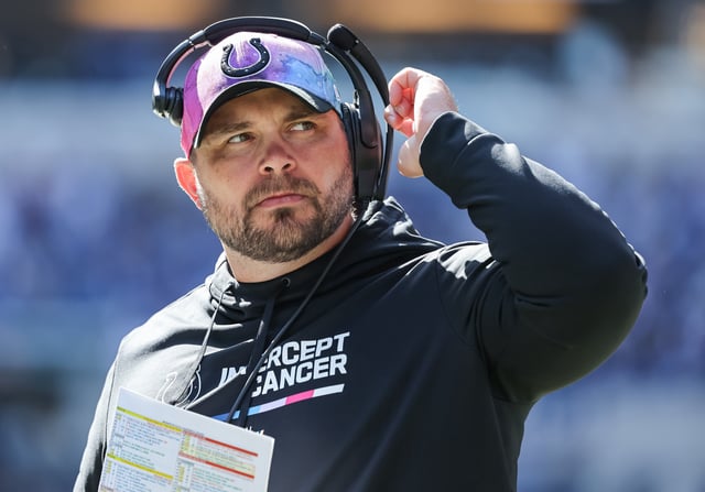 INDIANAPOLIS, IN - OCTOBER 16: Tight ends coach Klayton Adams of the Indianapolis Colts is seen during the game against the Jacksonville Jaguars at Lucas Oil Stadium on October 16, 2022 in Indianapolis, Indiana.