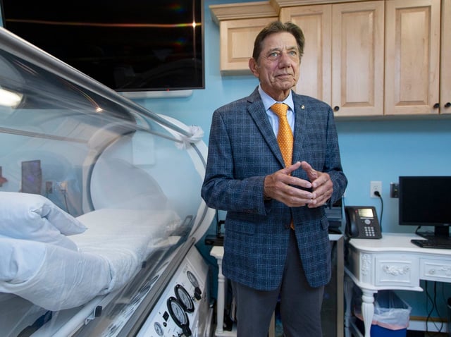 Former Super Bowl-winning quarterback Joe Namath, speaks about his experiences with a hyperbaric chamber in Royal Palm Beach, Florida on Feb. 19, 2019. Namath met with anti-aging doctor Al Sears to discuss the keys to staying youthful and Namath's experiences with a hyperbaric chamber.