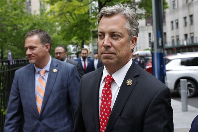 Rep. Andy Ogles (R-TN) arrives alongside other House Republicans at a press conference at Collect Pond Park outside of Manhattan Criminal Court during former U.S. President Donald Trump&#39;s hush money trial on May 16, 2024 in New York City.
