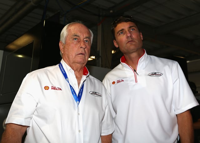 Roger Penske, owner of the Penske Corporation and President of Penske Racing, Tim Cindric are seen in the Team Penske pit garage during practice for the V8 Supercars Clipsal 500 at Adelaide Street Circuit on February 27, 2015 in Adelaide, Australia.