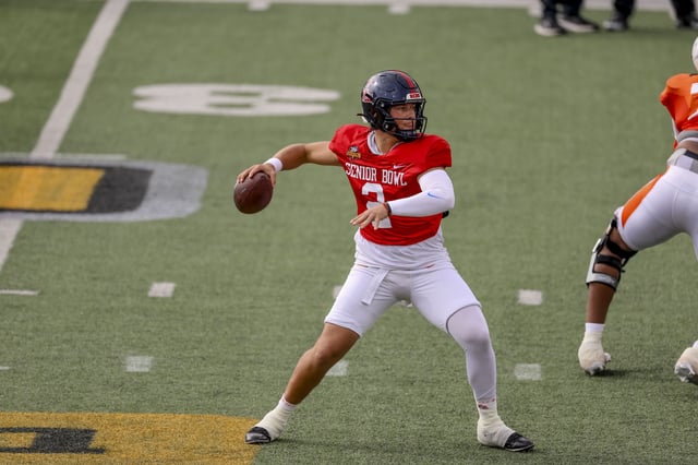 Jaxson Dart #2 of Ole Miss during Senior Bowl practice at Hancock Whitney Stadium on January 29, 2025 in Mobile, Alabama.