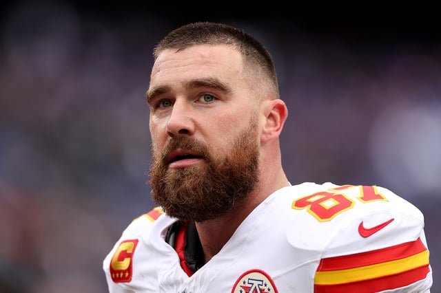 Travis Kelce #87 of the Kansas City Chiefs warms up prior to the AFC Championship Game against the Baltimore Ravens at M&amp;T Bank Stadium on January 28, 2024 in Baltimore, Maryland.